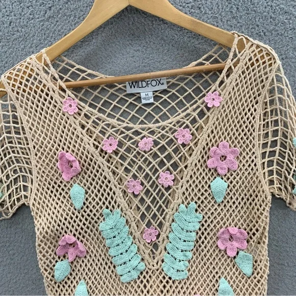 Wildfox Women’s M Crochet Floral Beige Green Embroidered Top Blouse See Through - Picture 5 of 10